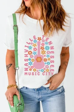 Discount Dear-Lover Floral Guitar NASHVILLE Slogan Graphic T Shirt White