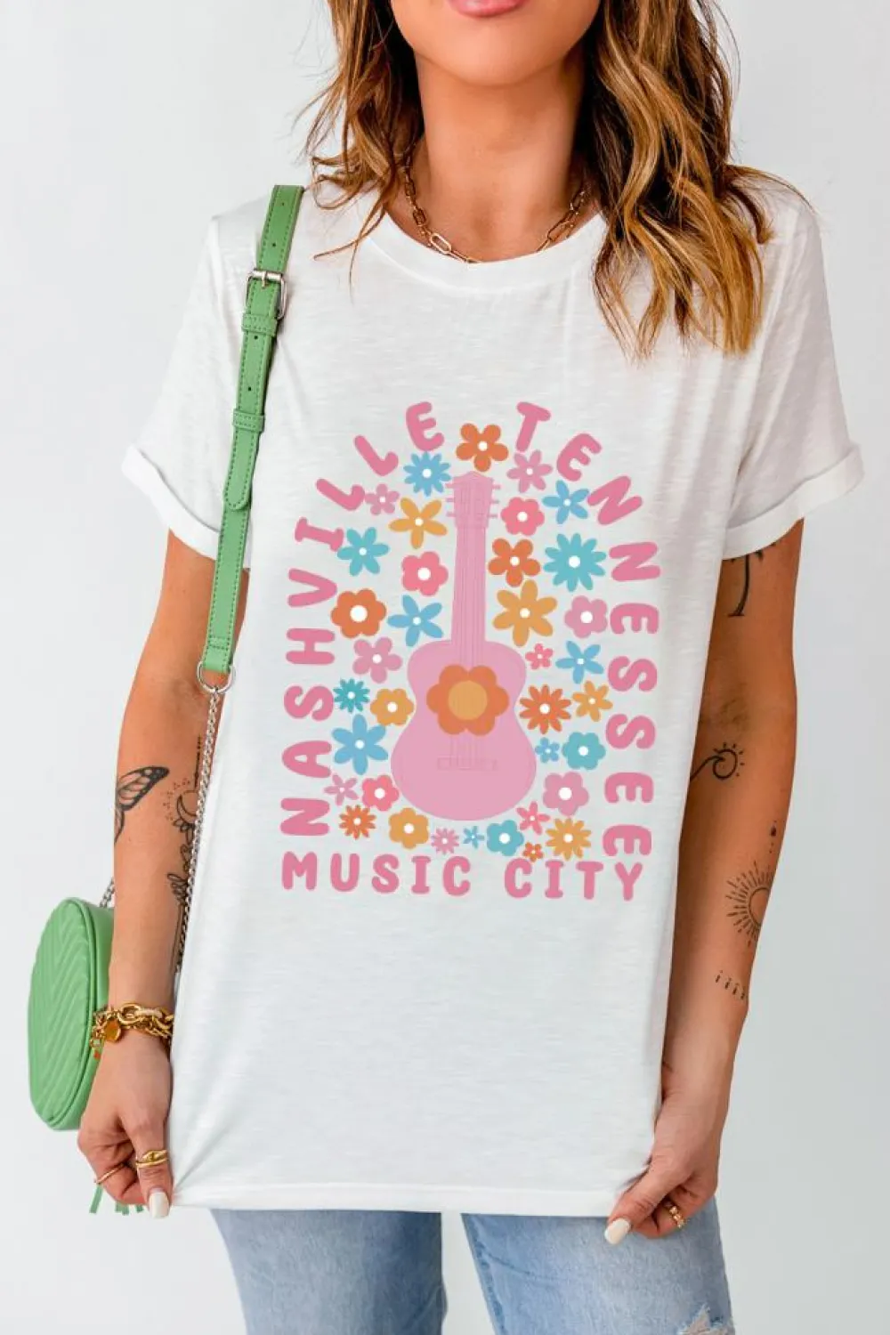 Discount Dear-Lover Floral Guitar NASHVILLE Slogan Graphic T Shirt White