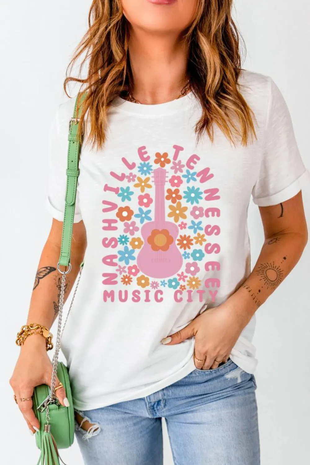 Discount Dear-Lover Floral Guitar NASHVILLE Slogan Graphic T Shirt White