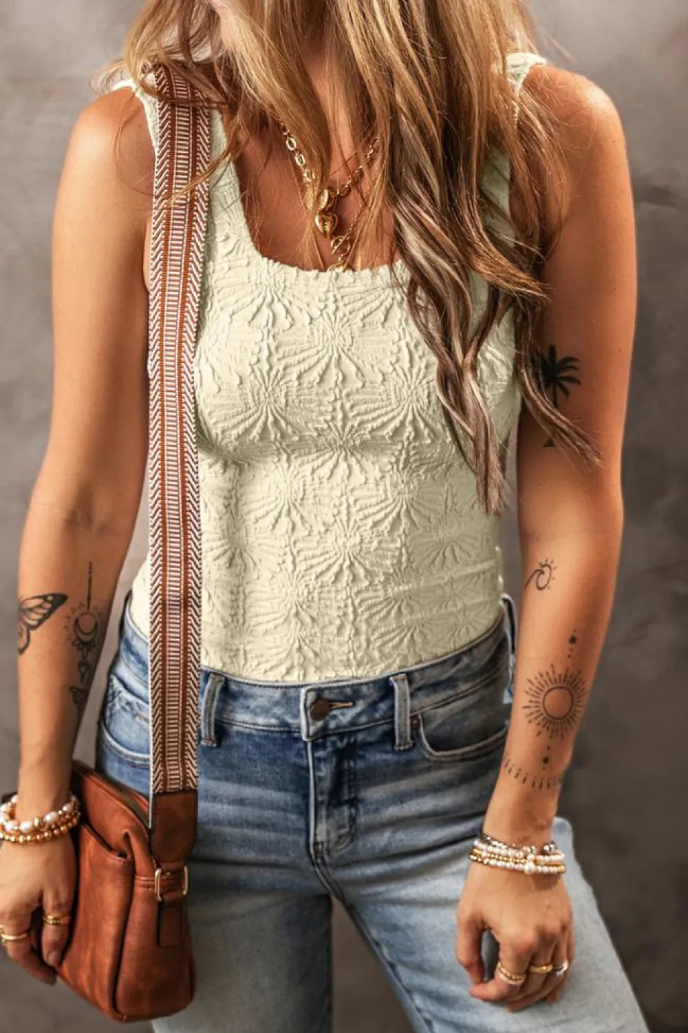 Clearance Dear-Lover Floral Jacquard Square Neck Tank Top White