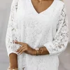 New Dear-Lover Floral Lace Crochet Loose Fit V Neck Top White