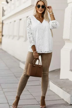 New Dear-Lover Floral Lace Crochet Loose Fit V Neck Top White