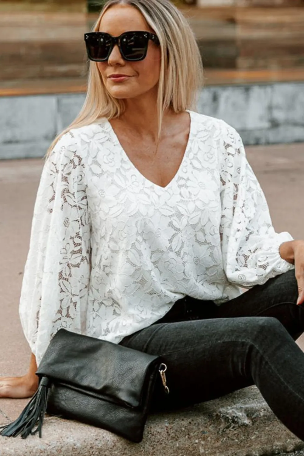 New Dear-Lover Floral Lace Crochet Loose Fit V Neck Top White