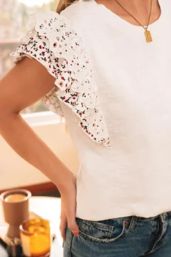 Online Dear-Lover Floral Lace Eyelet Patched Butterfly Sleeve Blouse White