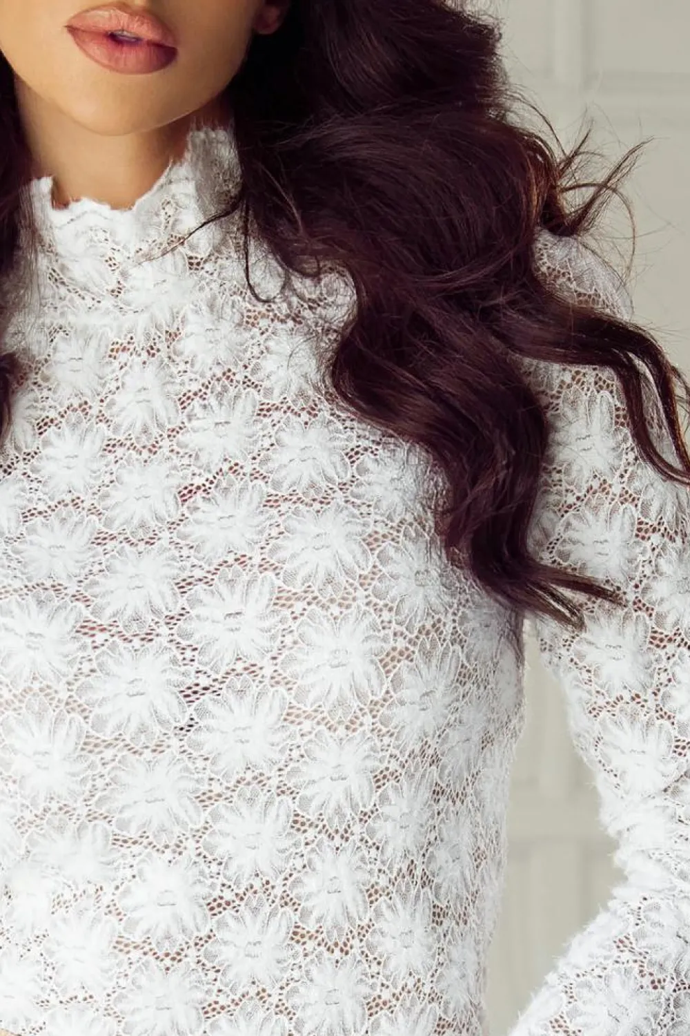 Hot Dear-Lover Floral Lace High Neck Long Sleeve Top White