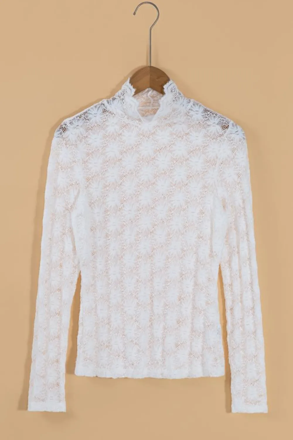 Hot Dear-Lover Floral Lace High Neck Long Sleeve Top White