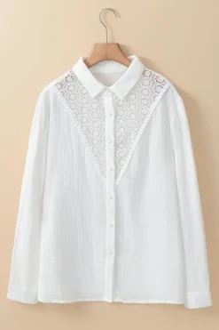Clearance Dear-Lover Floral Lace Hollow-out Splicing Crinkled Shirt White
