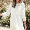 Hot Dear-Lover Floral Lace Patchwork Bracelet Sleeve Tiered Mini Dress White