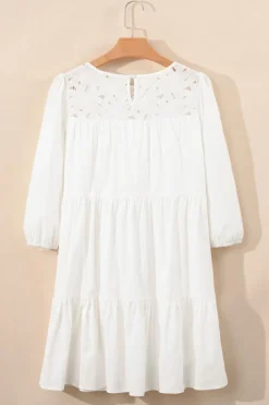 Hot Dear-Lover Floral Lace Patchwork Bracelet Sleeve Tiered Mini Dress White