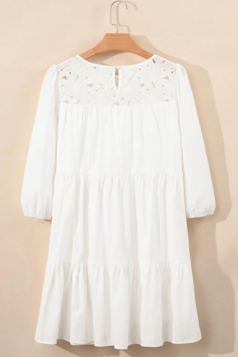 Hot Dear-Lover Floral Lace Patchwork Bracelet Sleeve Tiered Mini Dress White