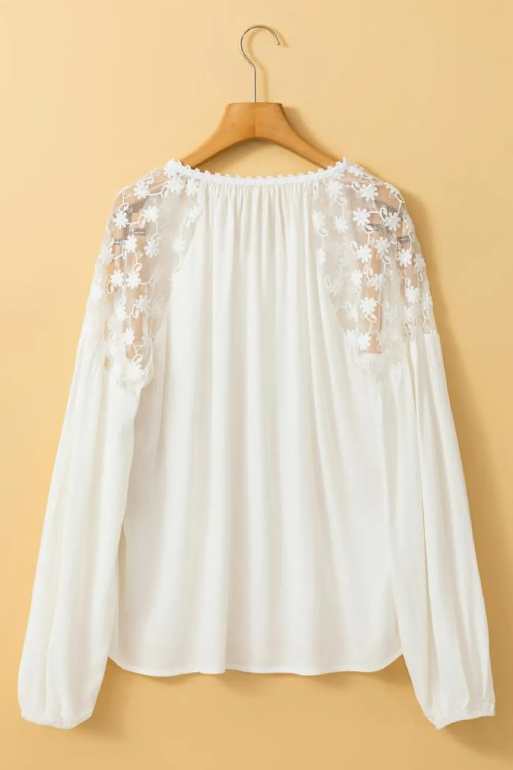 Hot Dear-Lover Floral Lace Patchwork Puff Sleeve Tied V Neck Blouse White