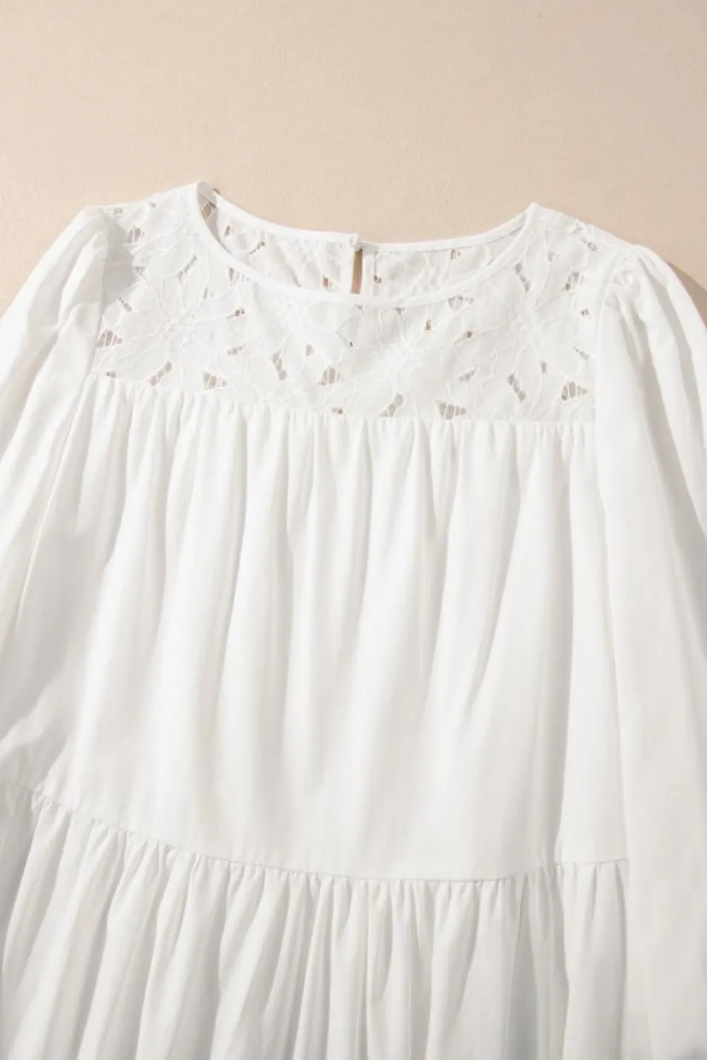 Hot Dear-Lover Floral Lace Patchwork Bracelet Sleeve Tiered Mini Dress White