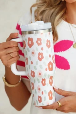 Outlet Dear-Lover Floral Leaves Print Stainless Large Portable Cup 40oz White