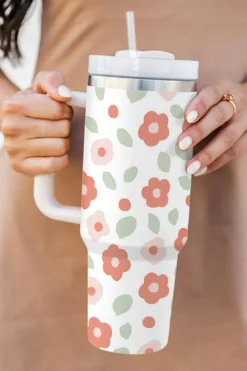 Outlet Dear-Lover Floral Leaves Print Stainless Large Portable Cup 40oz White