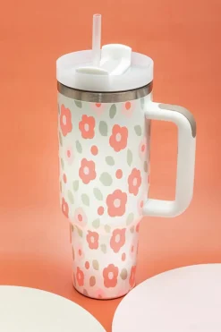 Outlet Dear-Lover Floral Leaves Print Stainless Large Portable Cup 40oz White