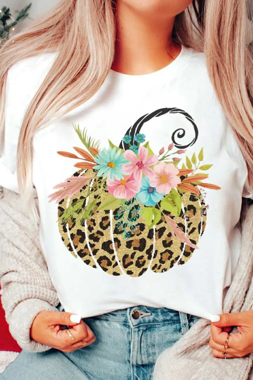Best Dear-Lover Floral Leopard Pumpkin Graphic Halloween T Shirt White