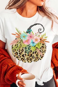 Best Dear-Lover Floral Leopard Pumpkin Graphic Halloween T Shirt White