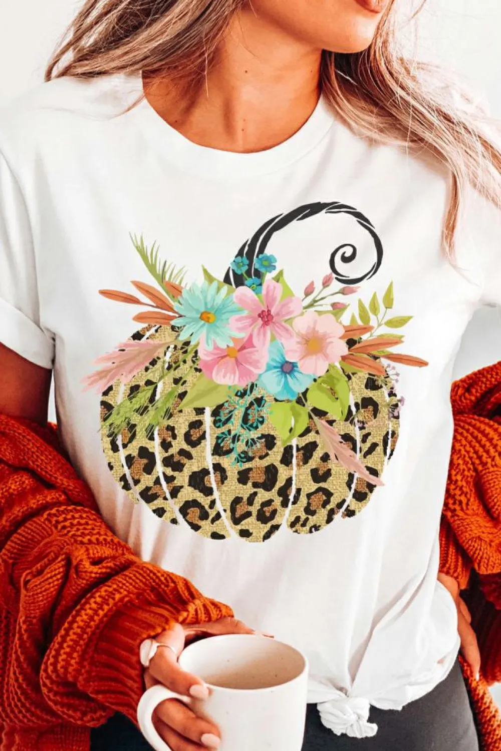 Best Dear-Lover Floral Leopard Pumpkin Graphic Halloween T Shirt White