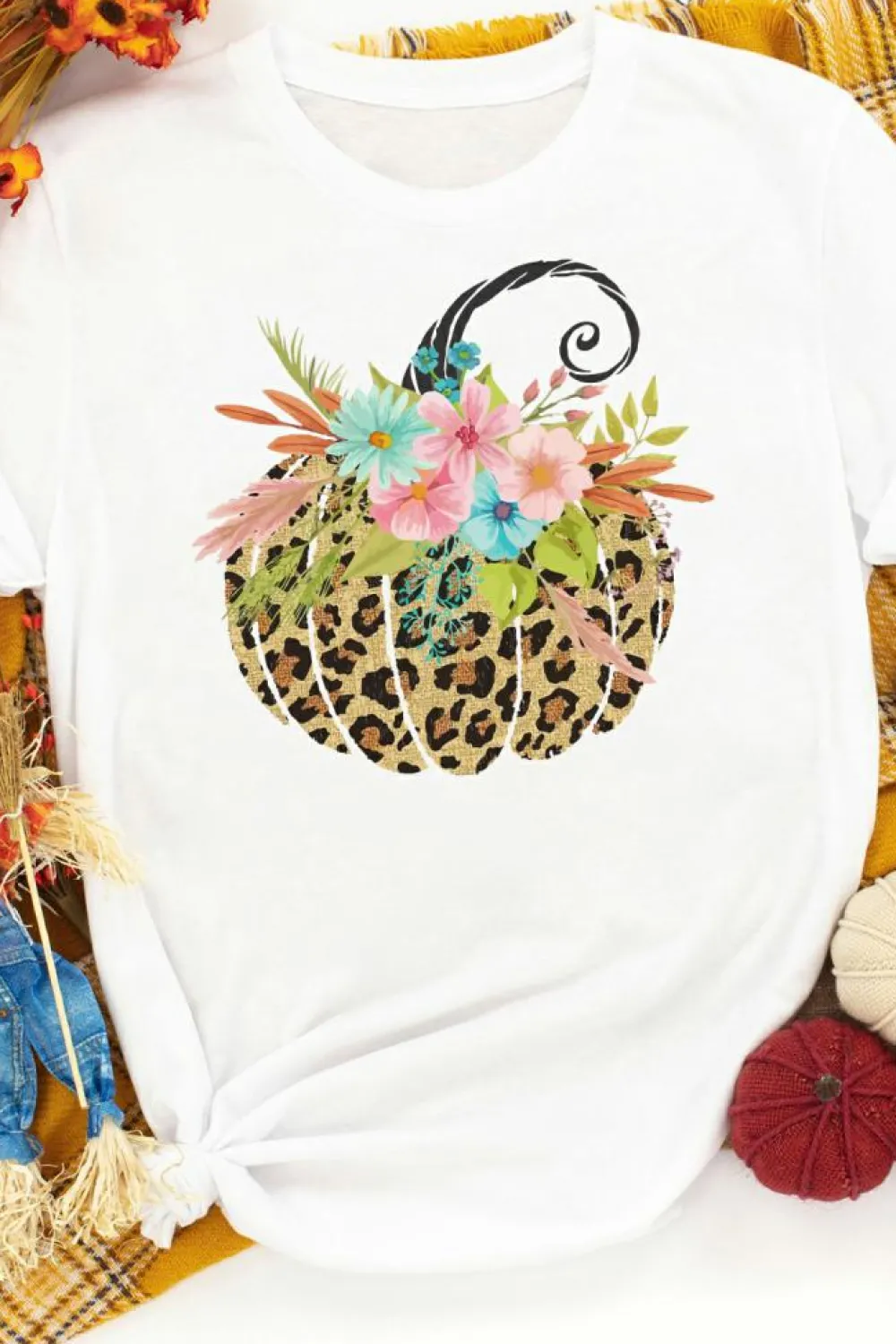 Best Dear-Lover Floral Leopard Pumpkin Graphic Halloween T Shirt White
