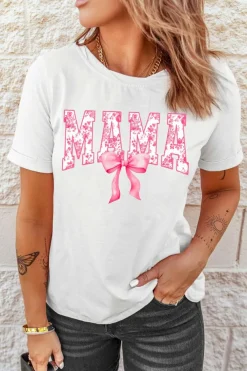 Best Dear-Lover Floral MAMA Lettering Bow Printed T Shirt White