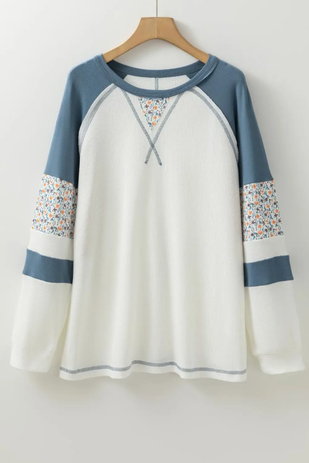 Online Dear-Lover Floral Patchwork Waffle Knit Raglan Top White