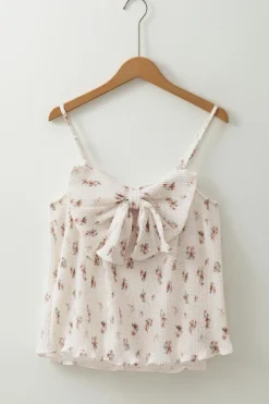New Dear-Lover Floral Pleated Big Bow Back Spaghetti Straps Tank Top White