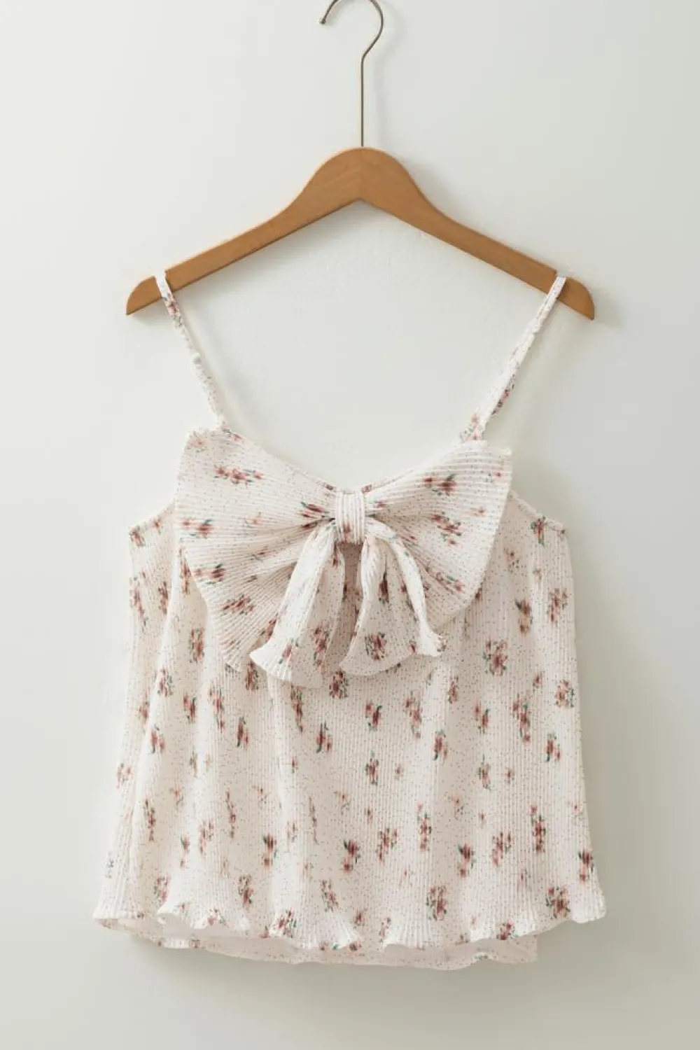 New Dear-Lover Floral Pleated Big Bow Back Spaghetti Straps Tank Top White