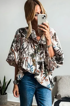 Discount Dear-Lover Floral Print Balloon Sleeves Button Up Loose Casual Shirt White