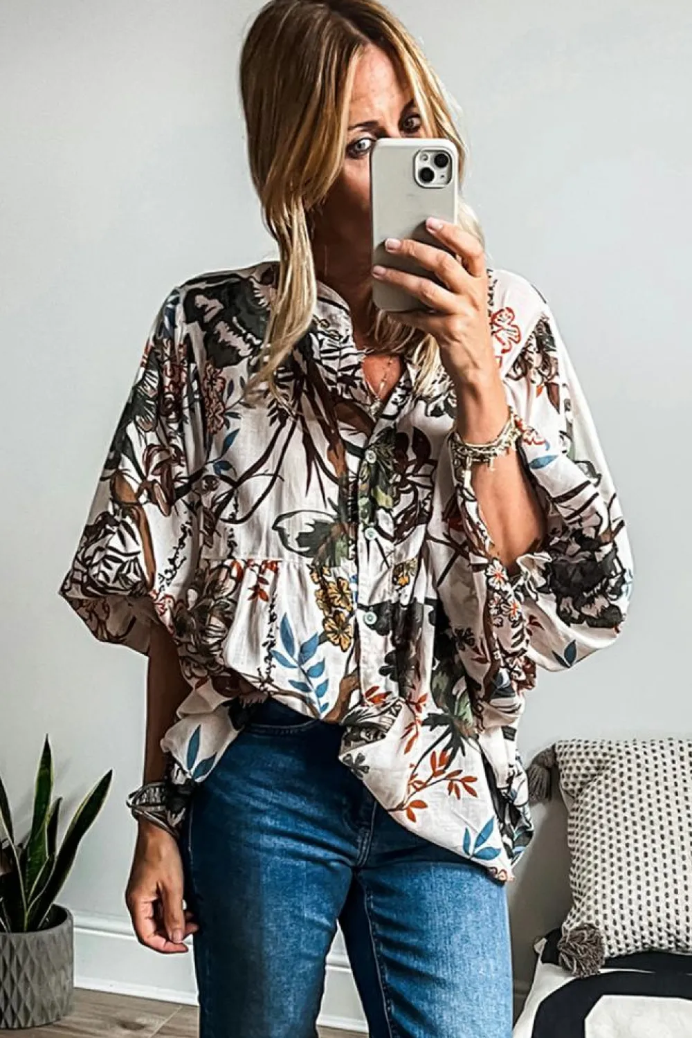 Discount Dear-Lover Floral Print Balloon Sleeves Button Up Loose Casual Shirt White