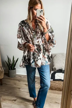 Discount Dear-Lover Floral Print Balloon Sleeves Button Up Loose Casual Shirt White
