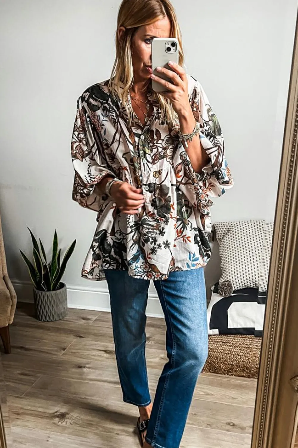 Discount Dear-Lover Floral Print Balloon Sleeves Button Up Loose Casual Shirt White