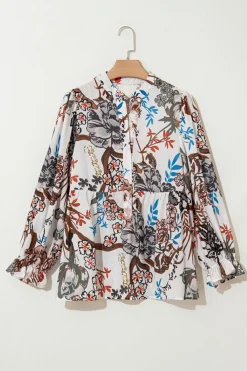 Discount Dear-Lover Floral Print Balloon Sleeves Button Up Loose Casual Shirt White