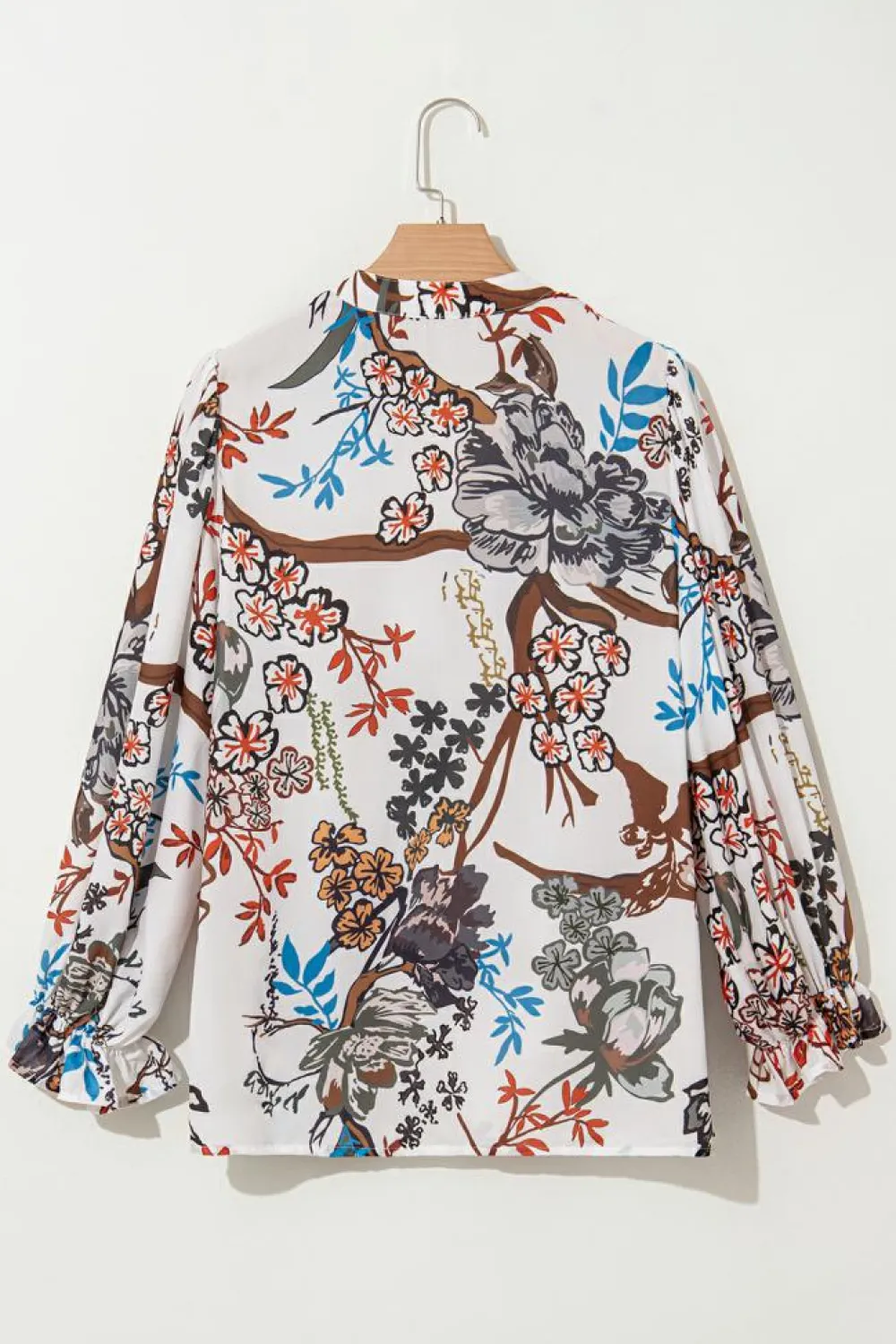 Discount Dear-Lover Floral Print Balloon Sleeves Button Up Loose Casual Shirt White