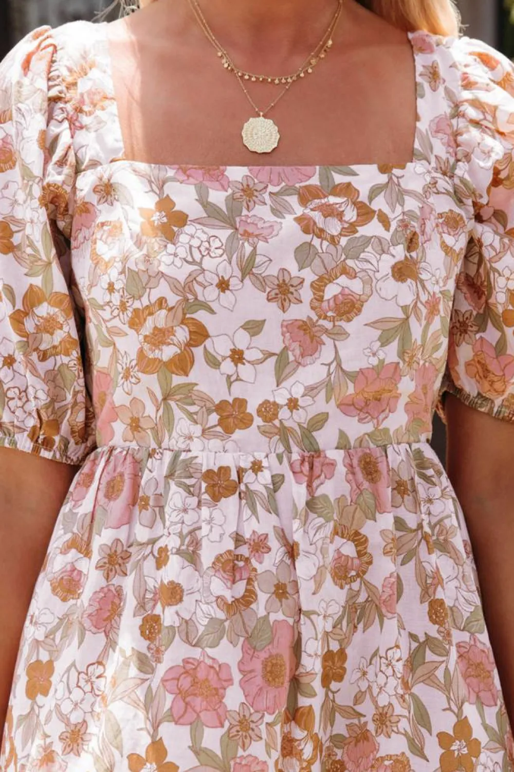Outlet Dear-Lover Floral Print Bow Knot Backless Square Neck Mini Dress White