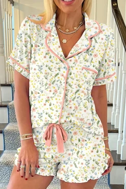 Fashion Dear-Lover Floral Print Contrast Pipping Short Pajamas Set White