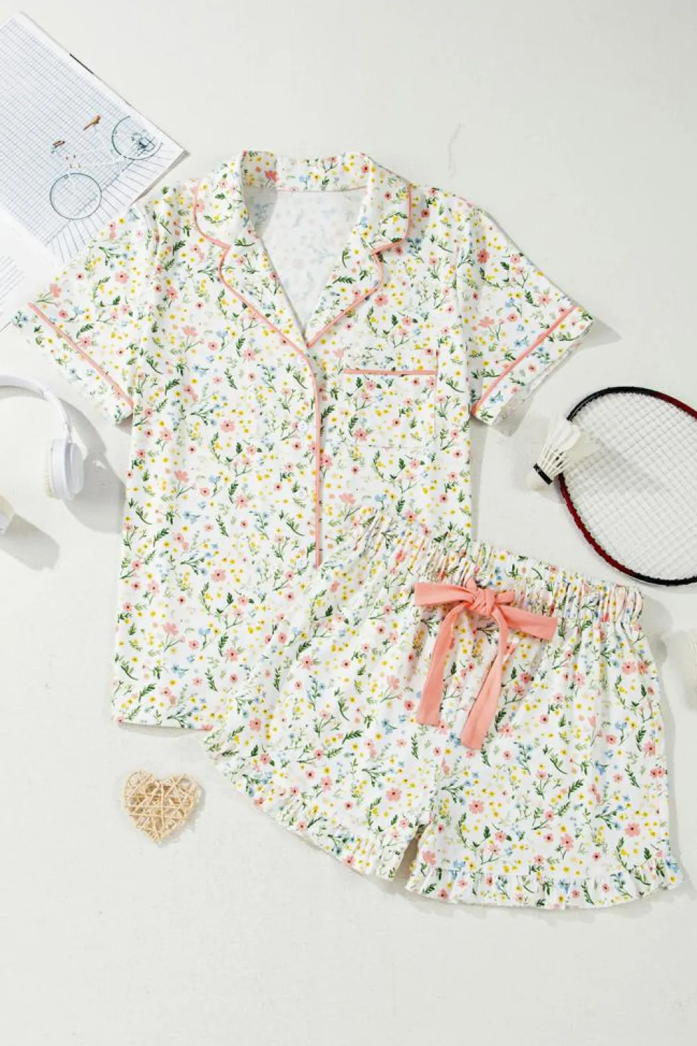 Fashion Dear-Lover Floral Print Contrast Pipping Short Pajamas Set White