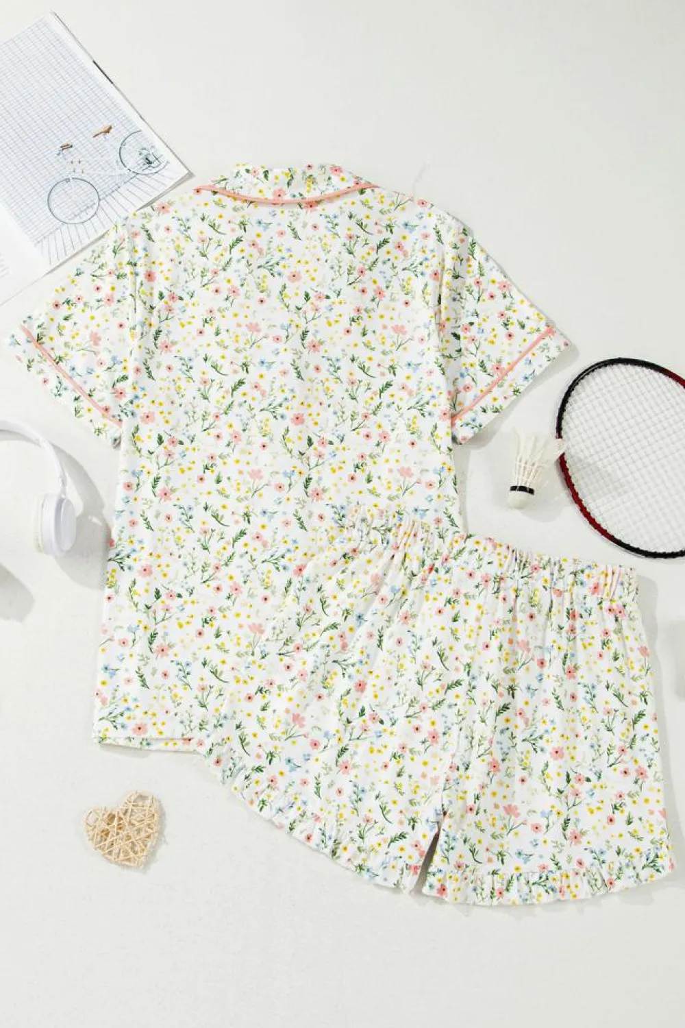 Fashion Dear-Lover Floral Print Contrast Pipping Short Pajamas Set White