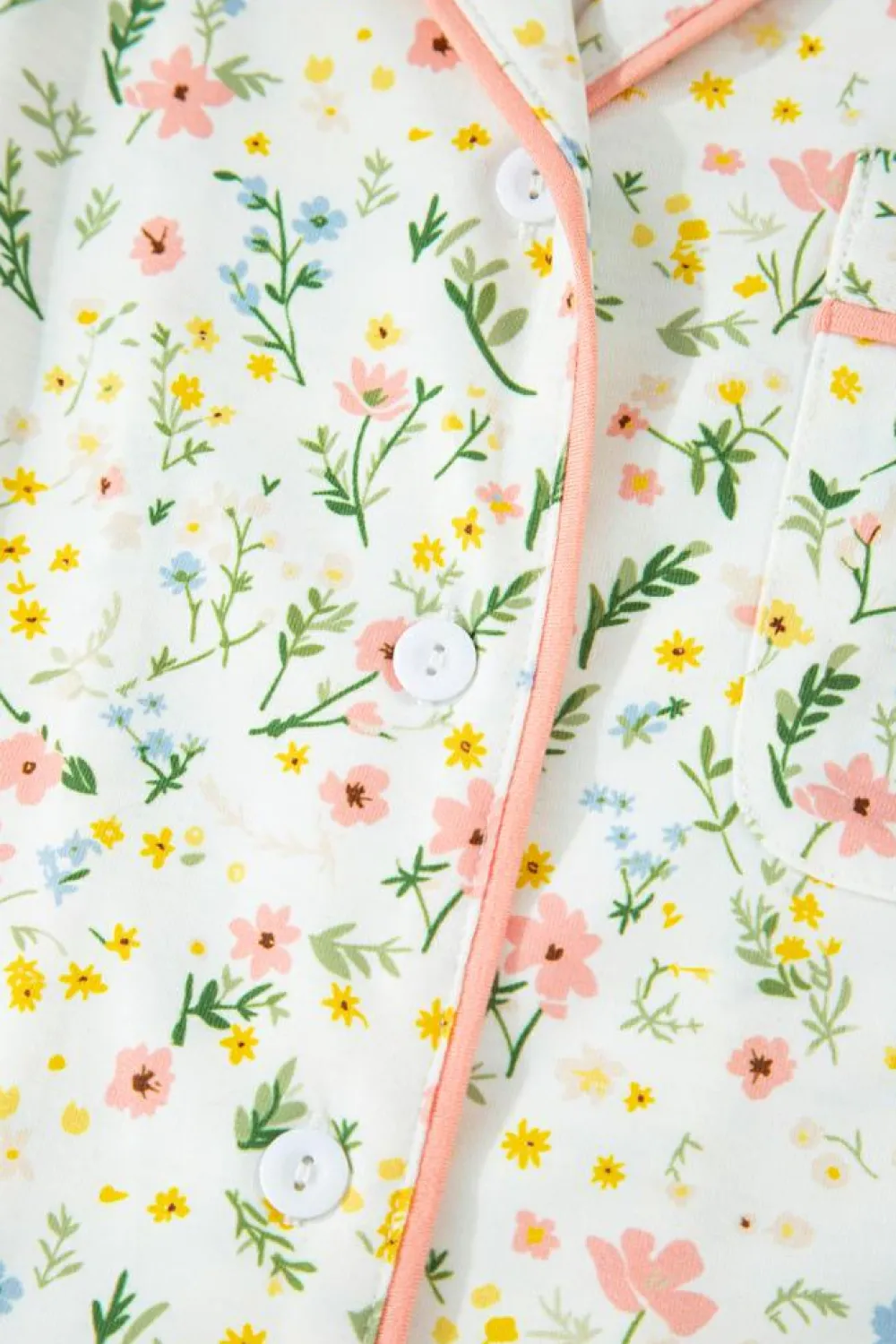 Fashion Dear-Lover Floral Print Contrast Pipping Short Pajamas Set White