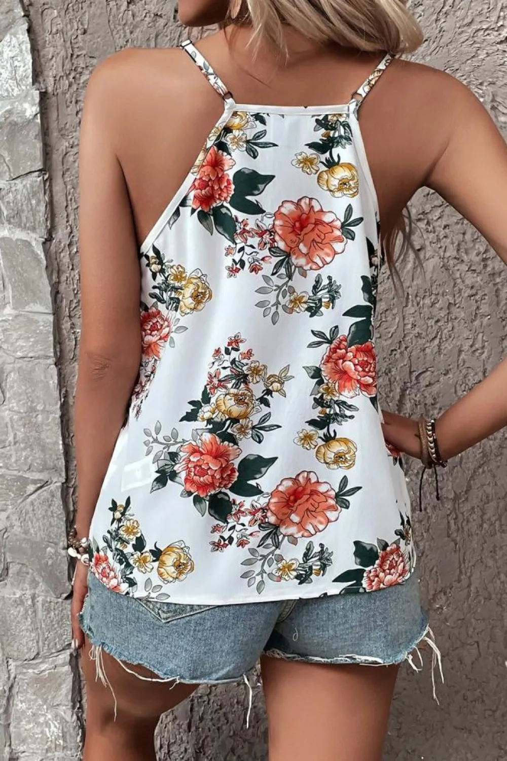 Sale Dear-Lover Floral Print Lace V Neck Tank Top White