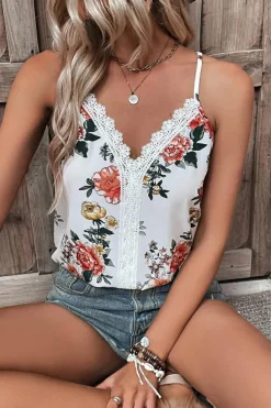 Sale Dear-Lover Floral Print Lace V Neck Tank Top White