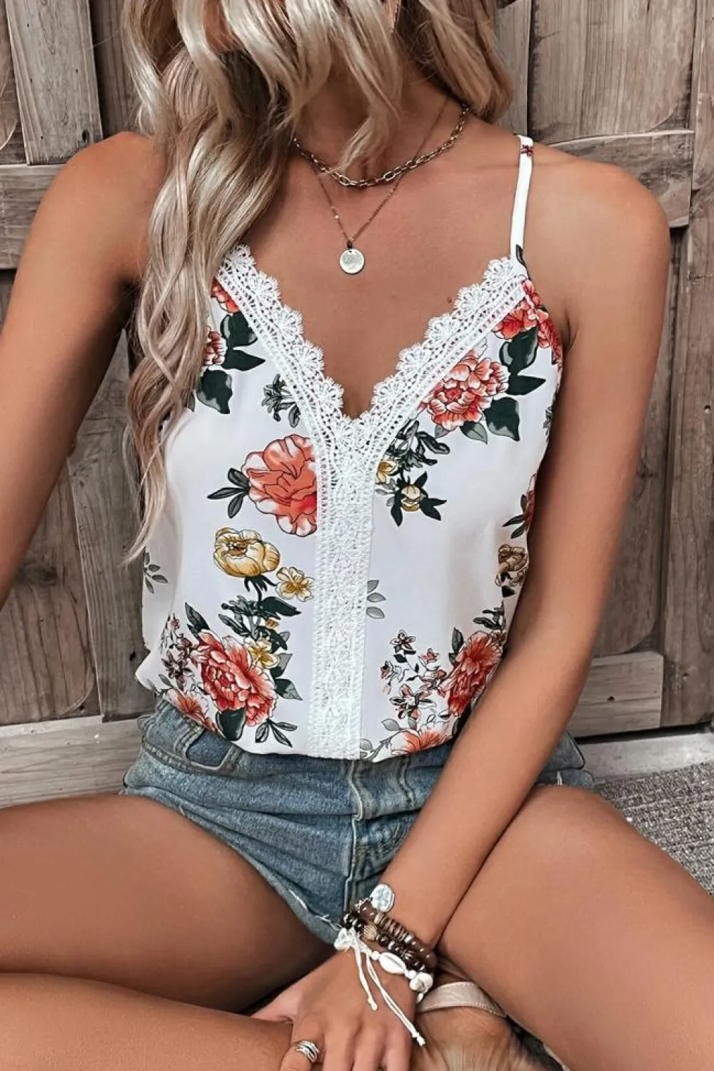 Sale Dear-Lover Floral Print Lace V Neck Tank Top White