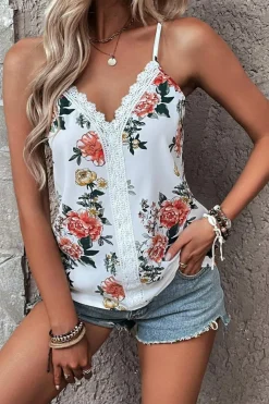 Sale Dear-Lover Floral Print Lace V Neck Tank Top White