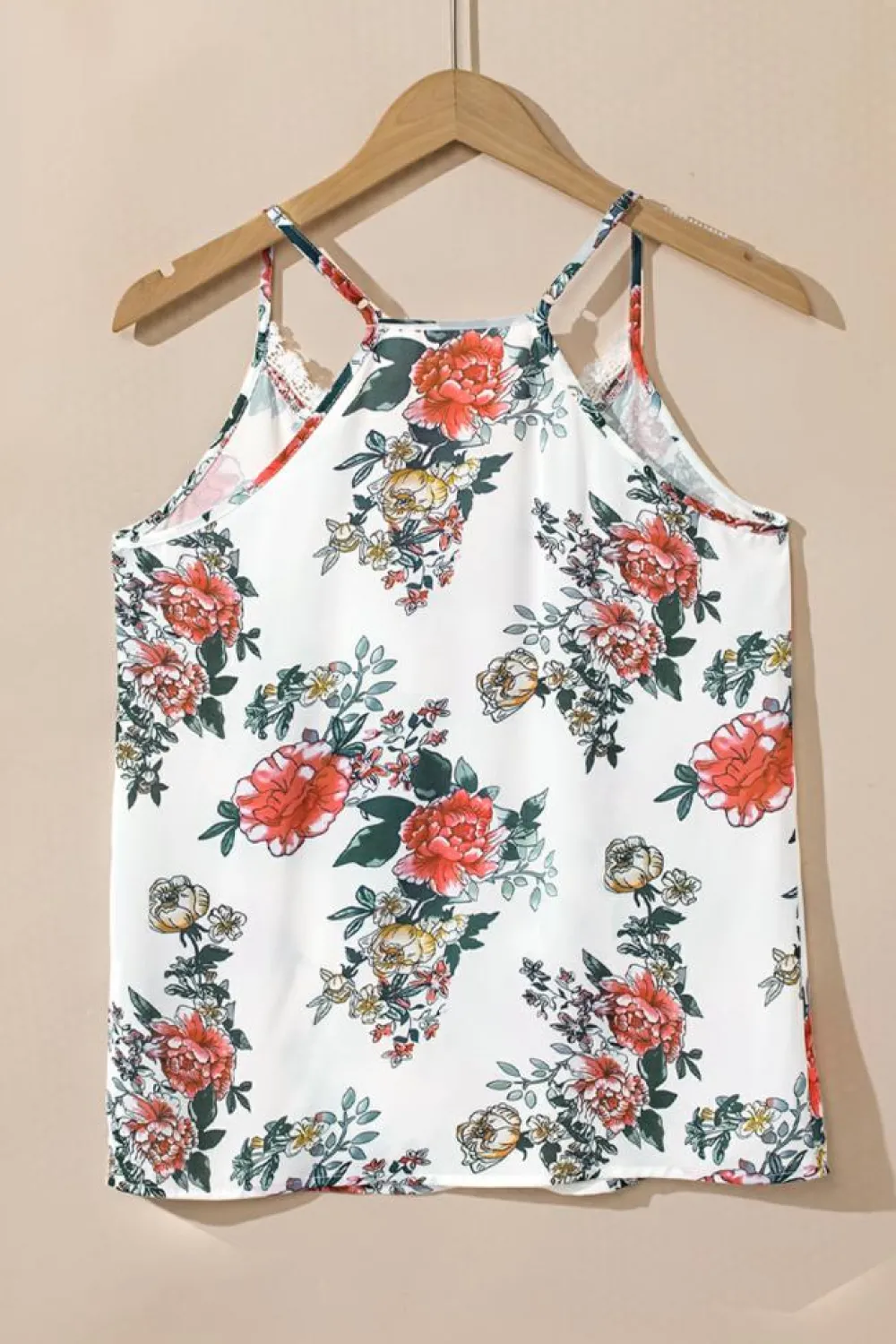 Sale Dear-Lover Floral Print Lace V Neck Tank Top White