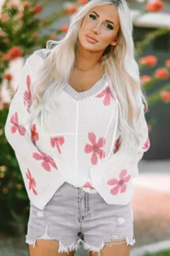 Hot Dear-Lover Floral Print Lightweight Knit Hooded Sweater White