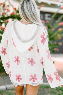Hot Dear-Lover Floral Print Lightweight Knit Hooded Sweater White