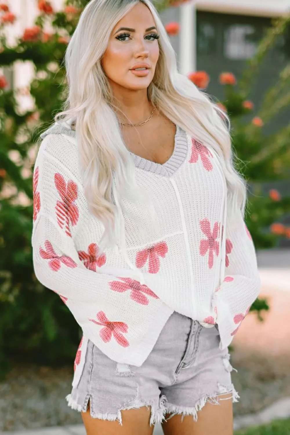 Hot Dear-Lover Floral Print Lightweight Knit Hooded Sweater White