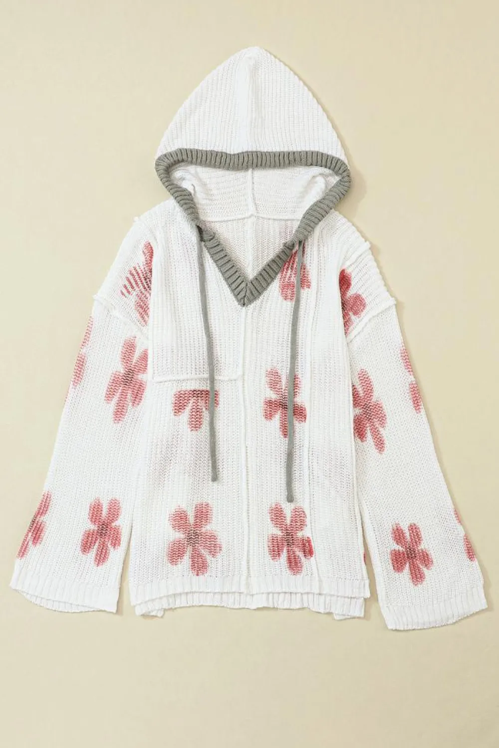 Hot Dear-Lover Floral Print Lightweight Knit Hooded Sweater White