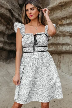 Best Dear-Lover Floral Print Pipping Trim Flutter Sleeve Mini Dress White