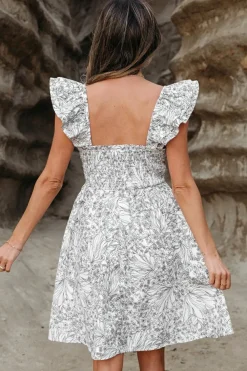 Best Dear-Lover Floral Print Pipping Trim Flutter Sleeve Mini Dress White