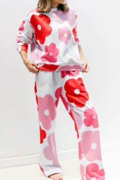 Outlet Dear-Lover Floral Print Pullover Top Sweatpants Lounge Set White
